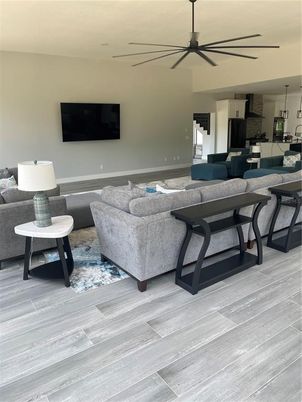 Interior, Kitchen, Living room, Pendant Lights, Wood Texture Flooring