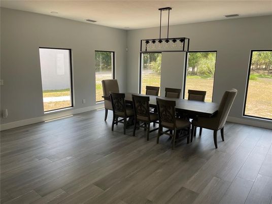 Dining room, Interior, Pendant Lights, Wood Texture Flooring