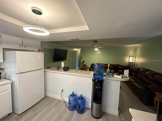 Interior, Kitchen, Living room, Pendant Lights, Wood Texture Flooring