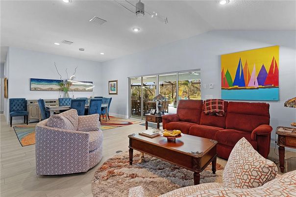 Dining room, Interior, Living room, Pendant Lights, Recessed Lighting, Wood Texture Flooring