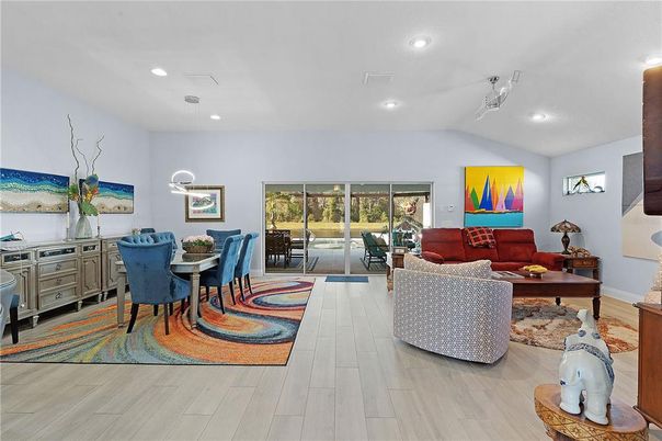 Dining room, Interior, Living room, Recessed Lighting, Wood Texture Flooring