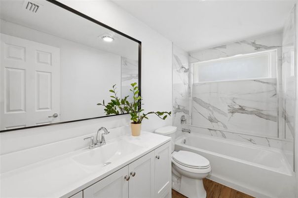Bathroom, Interior, Marble Walls, Recessed Lighting, Wood Texture Flooring
