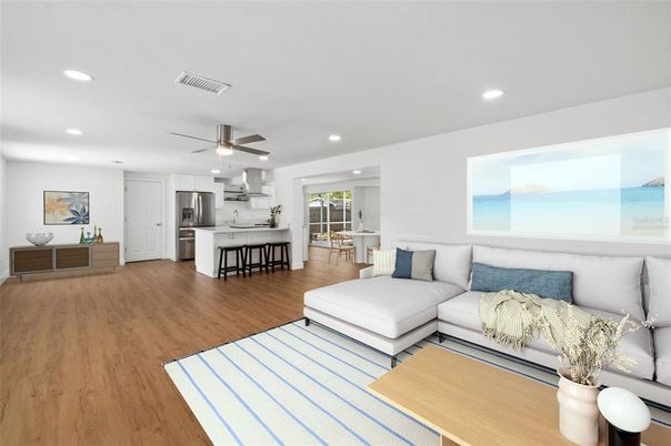 Interior, Kitchen, Living room, Recessed Lighting, Stainless Steel Appliances, Water, Wood Texture Flooring