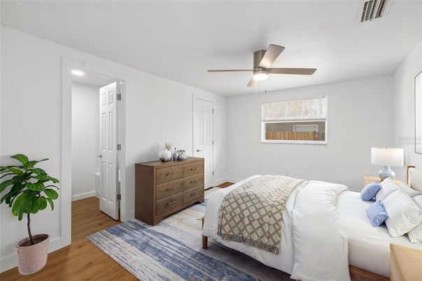 Bedroom, Interior, Recessed Lighting, Wood Texture Flooring