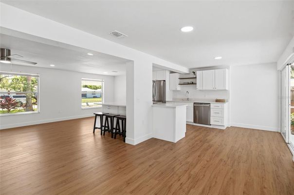 Interior, Kitchen, Recessed Lighting, Stainless Steel Appliances, Wood Texture Flooring