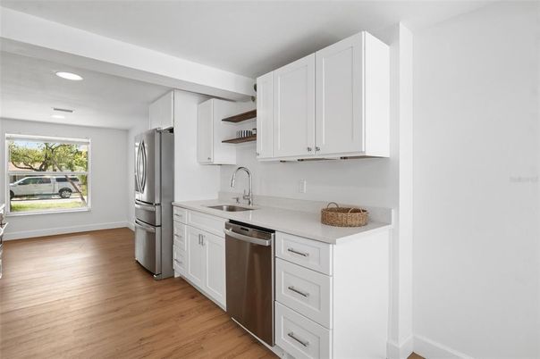 Interior, Kitchen, Recessed Lighting, Stainless Steel Appliances, Wood Texture Flooring