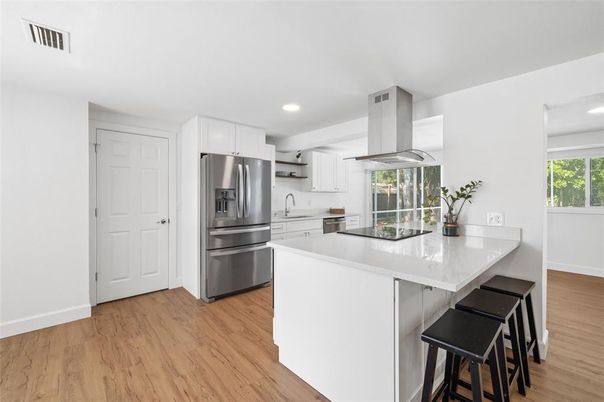 Interior, Kitchen, Recessed Lighting, Stainless Steel Appliances, Wood Texture Flooring
