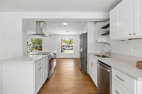 Interior, Kitchen, Recessed Lighting, Stainless Steel Appliances, Wood Texture Flooring