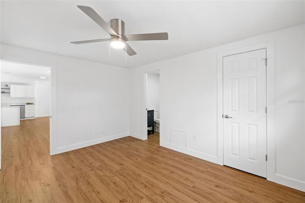 Empty room, Interior, Kitchen, Recessed Lighting, Wood Texture Flooring