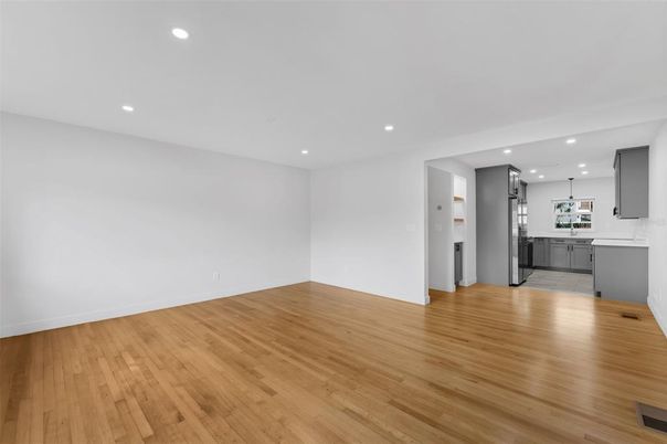 Empty room, Interior, Kitchen, Recessed Lighting, Wood Texture Flooring