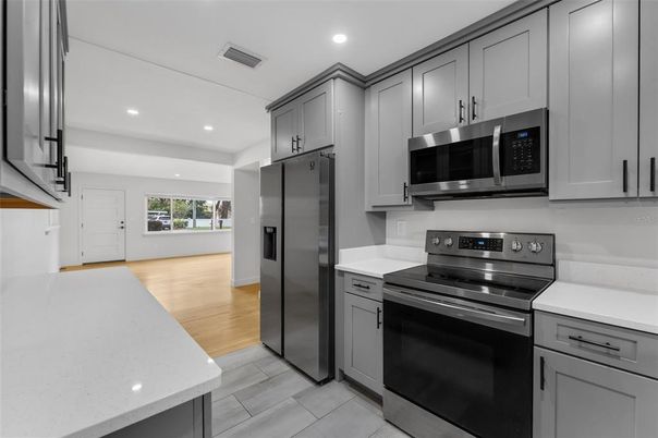 Interior, Kitchen, Recessed Lighting, Stainless Steel Appliances, Wood Texture Flooring