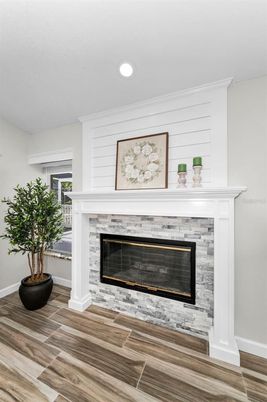 Fireplace, Interior, Recessed Lighting, Wood Texture Flooring
