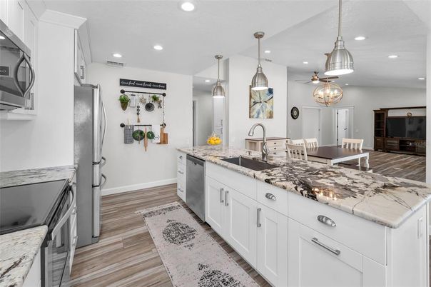 Interior, Kitchen, Pendant Lights, Recessed Lighting, Wood Texture Flooring