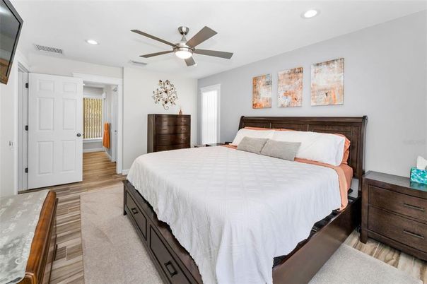 Bedroom, Interior, Recessed Lighting, Wood Texture Flooring