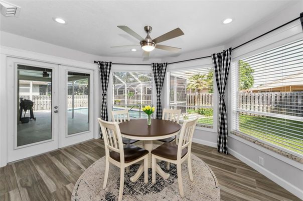 Dining room, Interior, Recessed Lighting, Wood Texture Flooring