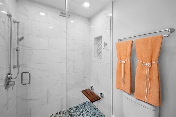 Bathroom, Glass Shower, Interior, Marble Walls, Recessed Lighting