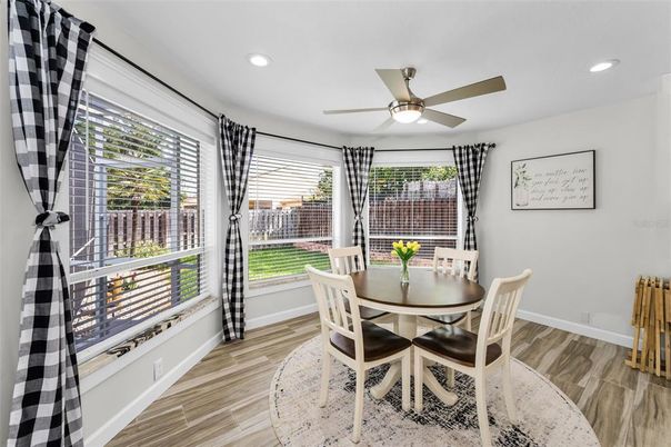 Dining room, Interior, Recessed Lighting, Wood Texture Flooring