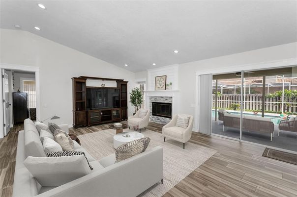 Fireplace, Interior, Living room, Recessed Lighting, Wood Texture Flooring