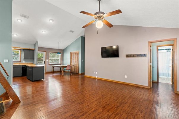 Dining room, Interior, Kitchen, Recessed Lighting, Wood Texture Flooring