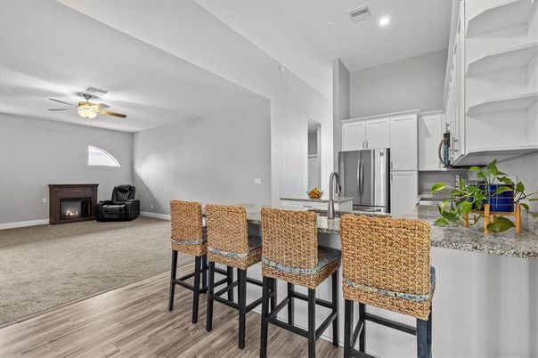 Fireplace, Interior, Kitchen, Recessed Lighting, Wood Texture Flooring