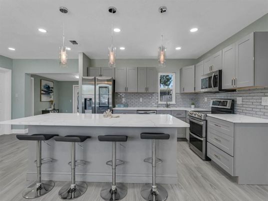 Interior, Kitchen, Pendant Lights, Recessed Lighting, Stainless Steel Appliances, Wood Texture Flooring