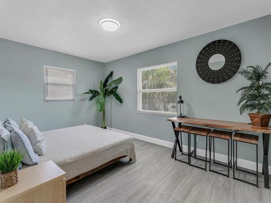 Bedroom, Interior, Recessed Lighting, Wood Texture Flooring