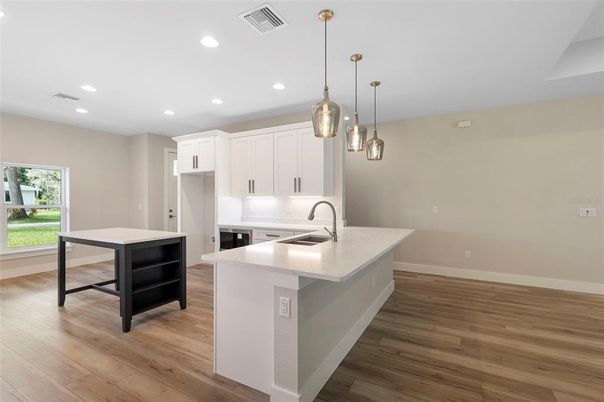Interior, Kitchen, Pendant Lights, Recessed Lighting, Wood Texture Flooring