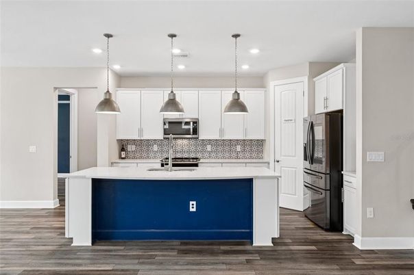 Interior, Kitchen, Pendant Lights, Recessed Lighting, Stainless Steel Appliances, Wood Texture Flooring