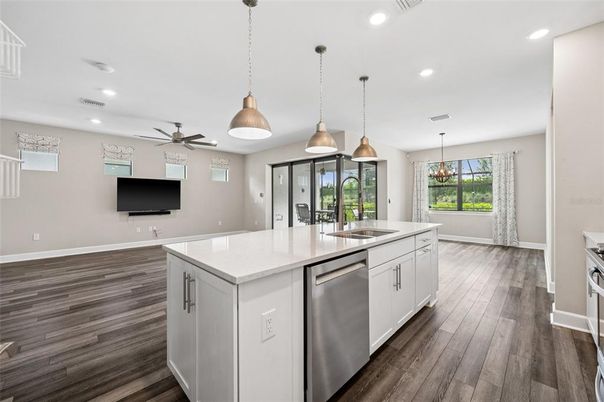 Interior, Kitchen, Pendant Lights, Recessed Lighting, Wood Texture Flooring