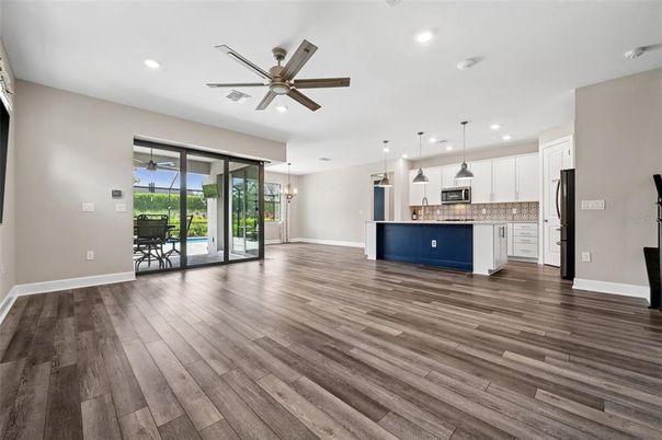 Empty room, Interior, Kitchen, Pendant Lights, Recessed Lighting, Wood Texture Flooring