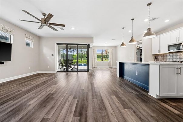 Interior, Kitchen, Pendant Lights, Recessed Lighting, Wood Texture Flooring