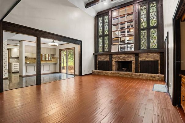 Empty room, Fireplace, Interior, Pendant Lights, Recessed Lighting, Wood Texture Flooring