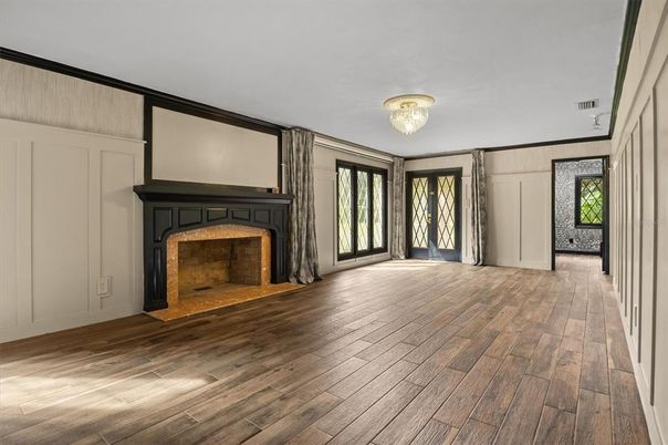 Chandelier, Empty room, Fireplace, Interior, Wood Texture Flooring
