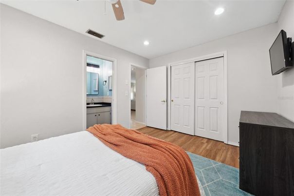 Bedroom, Interior, Recessed Lighting, Wood Texture Flooring