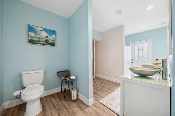 Bathroom, Interior, Recessed Lighting, Wood Texture Flooring