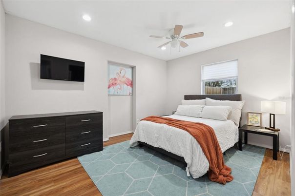 Bedroom, Interior, Recessed Lighting, Wood Texture Flooring