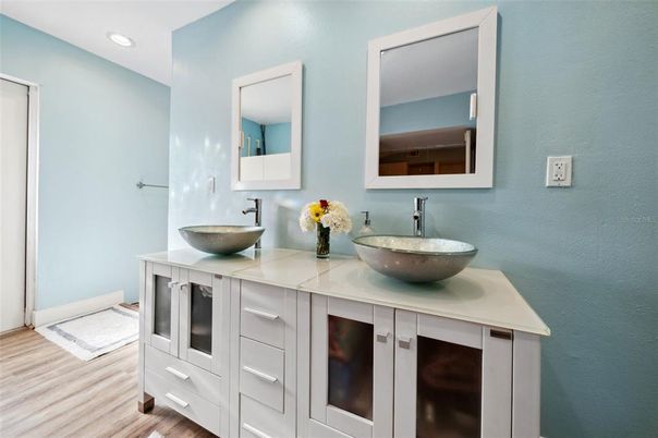 Bathroom, Dual Sink Vanities, Interior, Recessed Lighting, Wood Texture Flooring