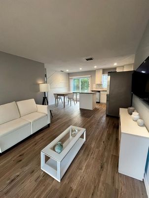 Interior, Kitchen, Living room, Recessed Lighting, Wood Texture Flooring