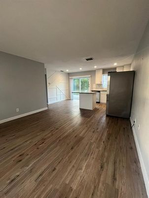 Empty room, Interior, Kitchen, Recessed Lighting, Wood Texture Flooring
