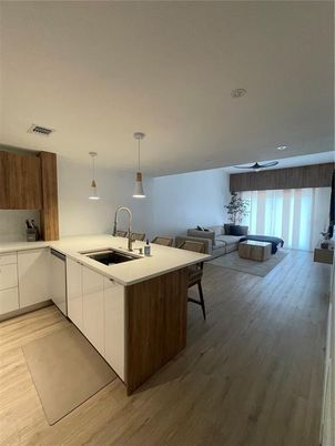 Interior, Kitchen, Living room, Pendant Lights, Wood Texture Flooring