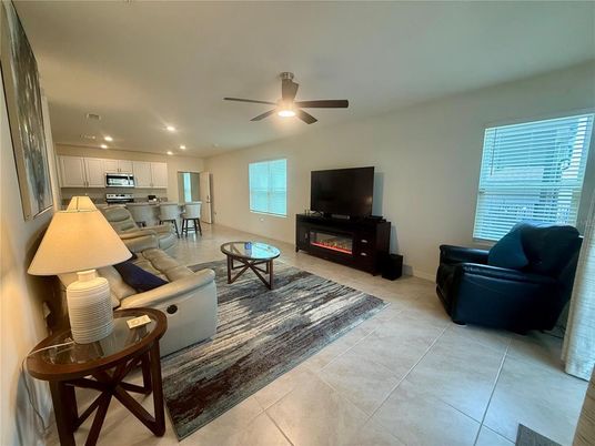 Fireplace, Interior, Kitchen, Living room, Recessed Lighting, Stainless Steel Appliances