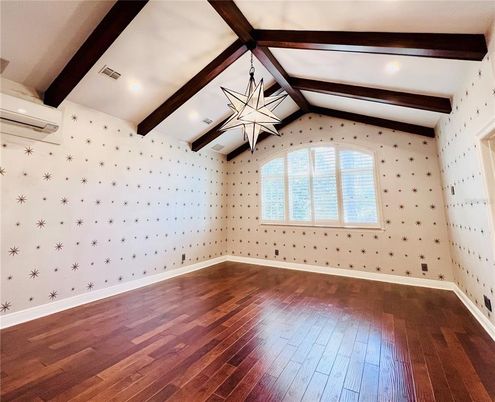 Empty room, Interior, Recessed Lighting, Wooden Beams, Wood Texture Flooring