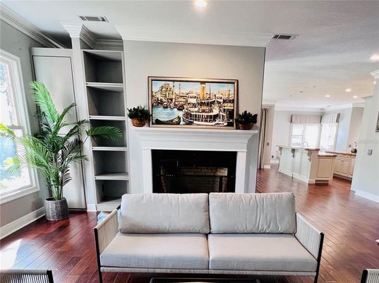 Fireplace, Interior, Kitchen, Recessed Lighting, Wood Texture Flooring