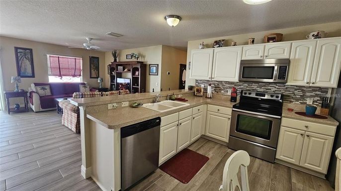Interior, Kitchen, Living room, Stainless Steel Appliances, Wood Texture Flooring