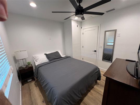 Bedroom, Interior, Recessed Lighting, Wood Texture Flooring