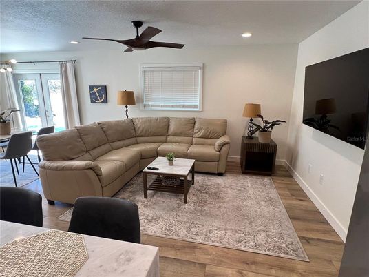 Dining room, Interior, Living room, Recessed Lighting, Wood Texture Flooring