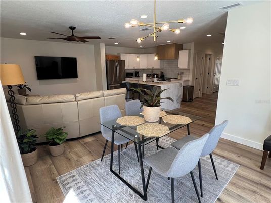 Dining room, Interior, Kitchen, Pendant Lights, Recessed Lighting, Stainless Steel Appliances, Wood Texture Flooring
