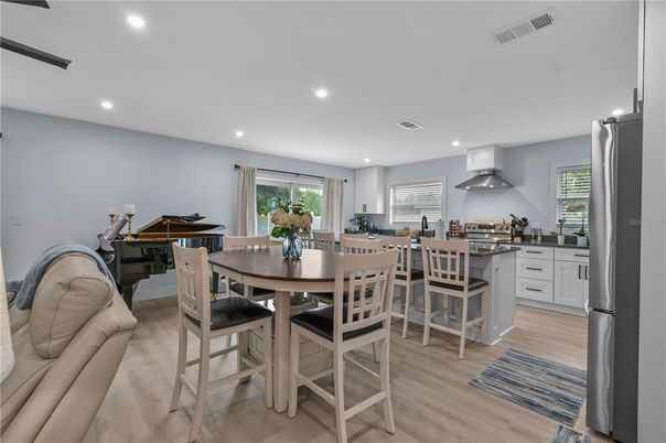 Dining room, Interior, Kitchen, Recessed Lighting, Wood Texture Flooring