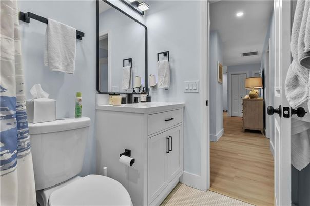 Bathroom, Interior, Recessed Lighting, Wood Texture Flooring