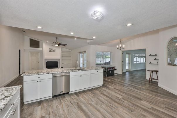 Chandelier, Interior, Kitchen, Recessed Lighting, Wood Texture Flooring
